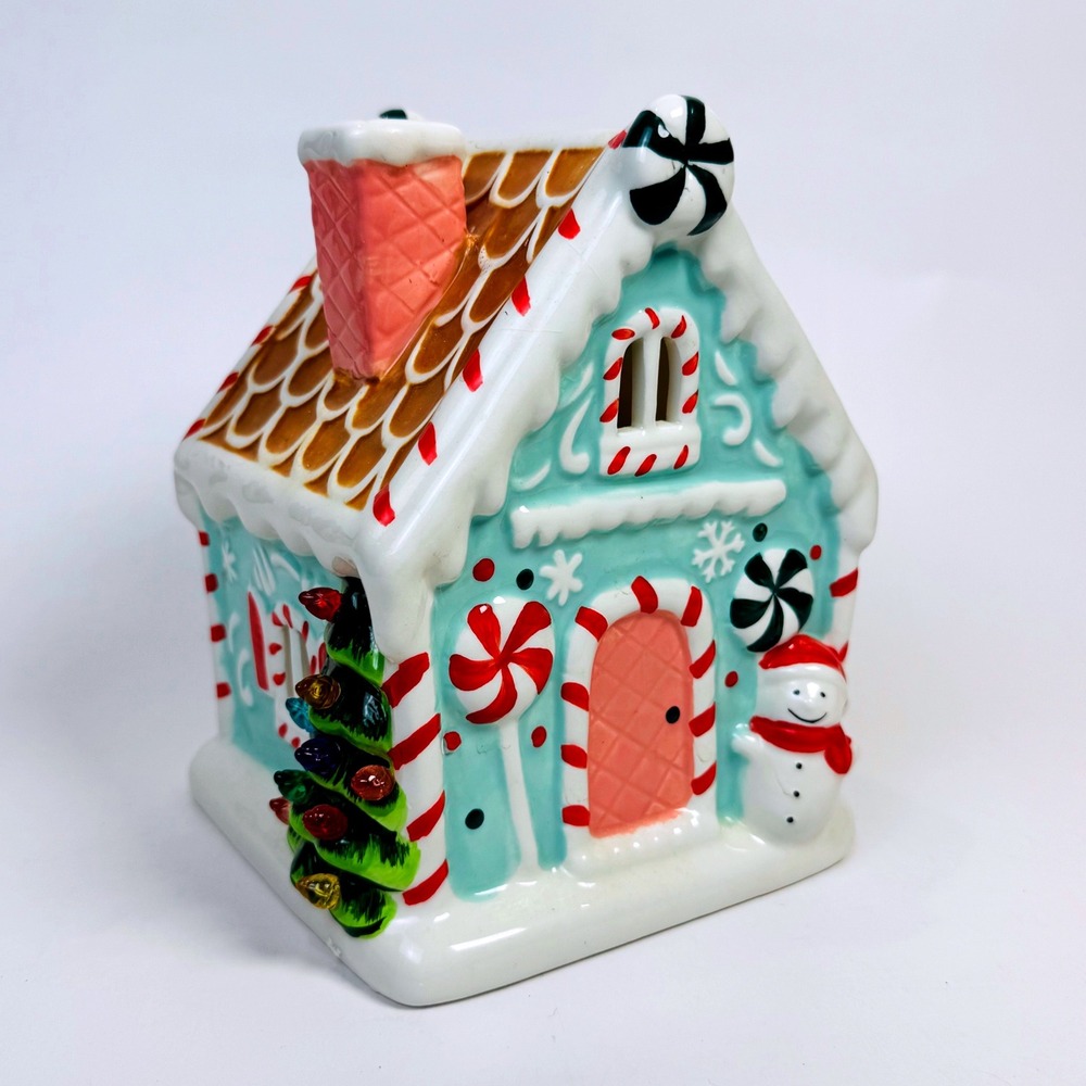 Mr. Christmas Light Up Ceramic Gingerbread House Blue Peppermint Snowman 24932